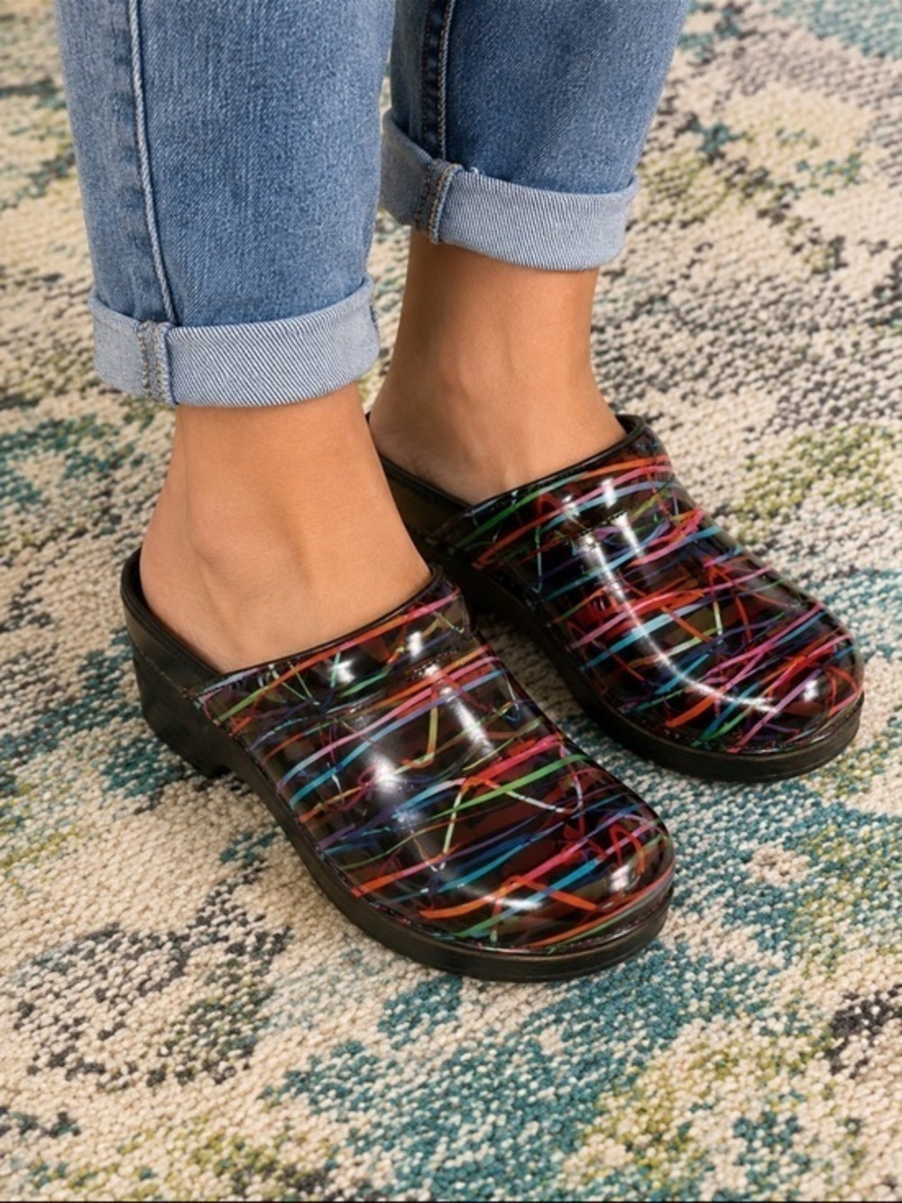 Dansko Colorful Scribble Print Patent Leather Clogs Size 7.5 / EU 38
